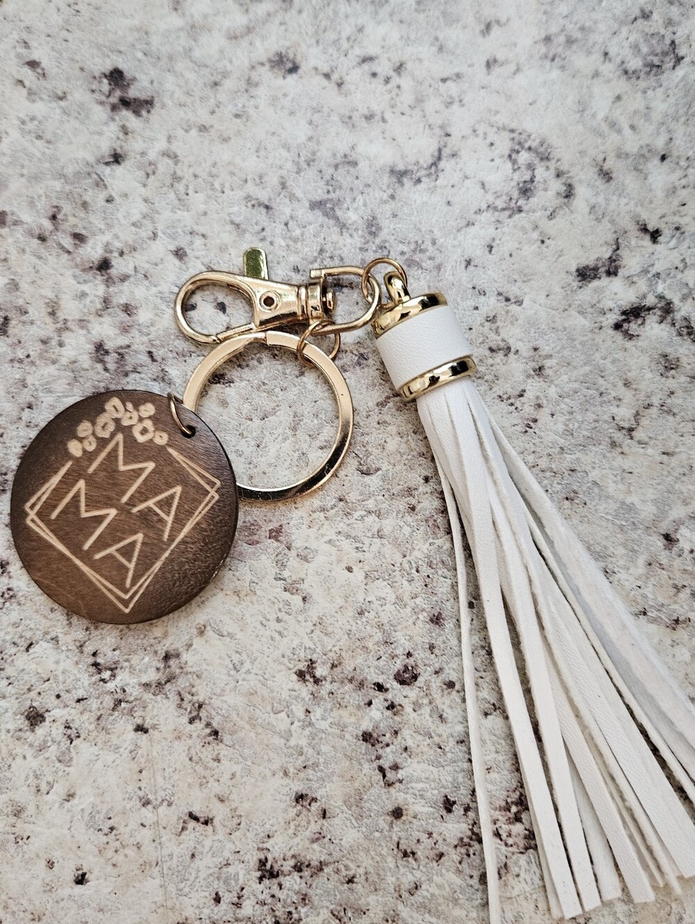 White Tassel Keychain That Says "Mama" with Gold Hardware